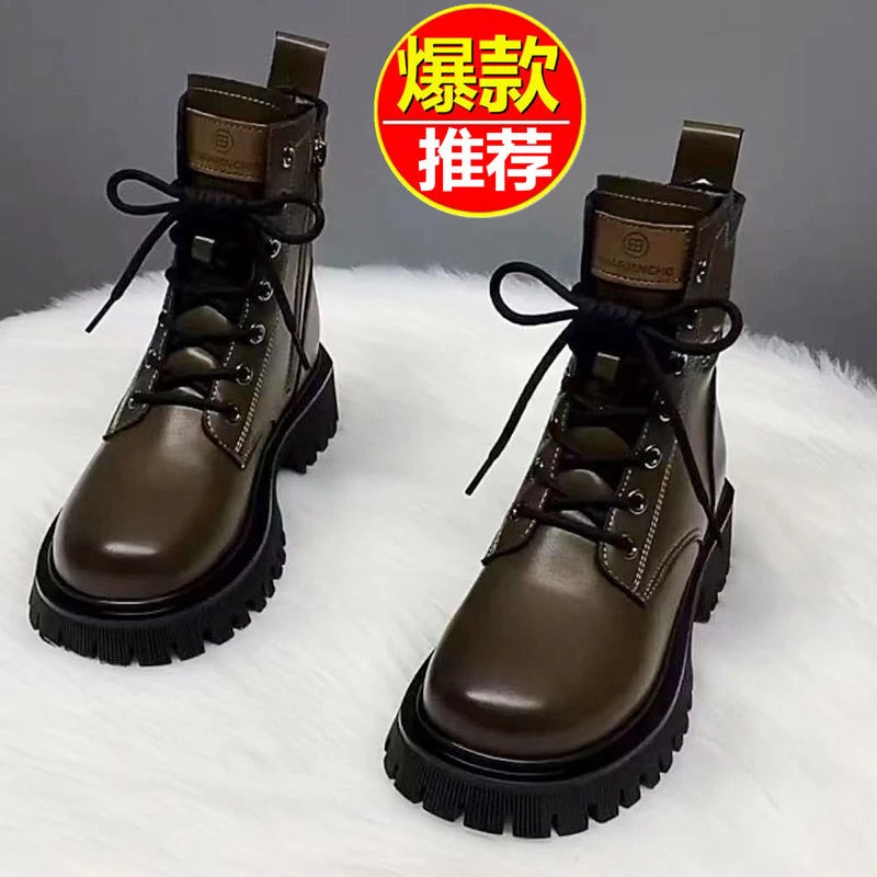 蜻延牌真皮马丁靴女冬季加绒2023新款英伦时尚百搭短靴雪地靴