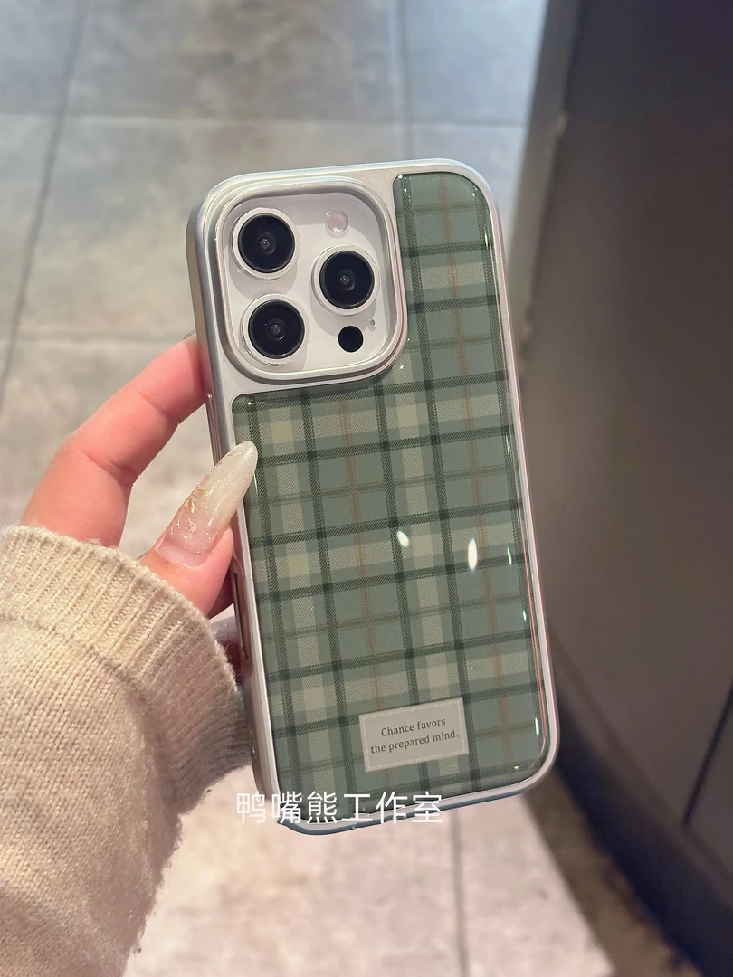 电镀银框滴胶苍岭绿格纹适用iPhone16promax苹果15手机壳14新款13