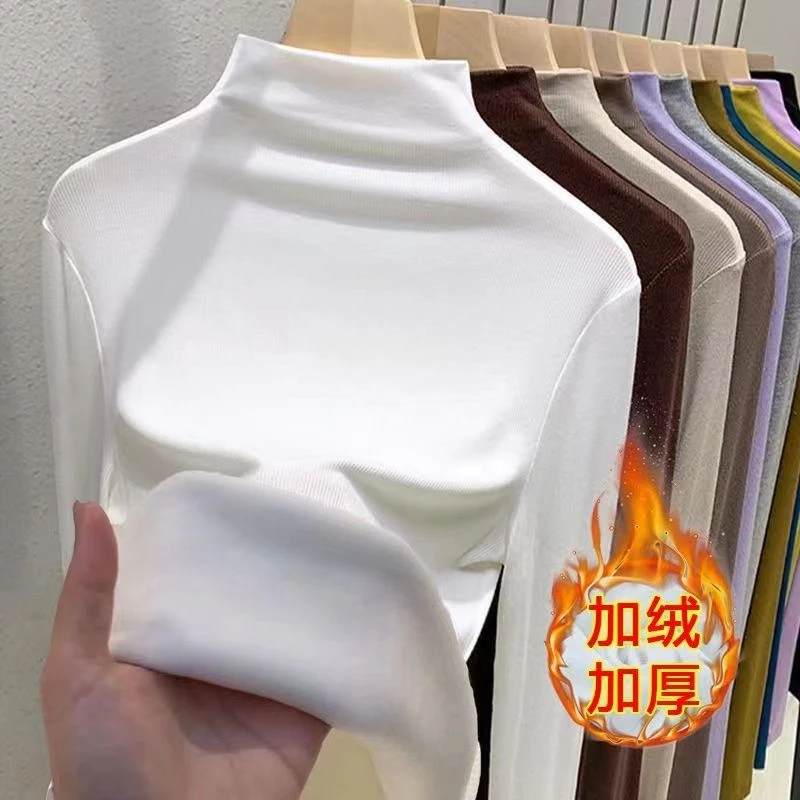 啄木鸟新款加绒加厚内搭半高领打底衫女长袖T恤上衣秋冬季百搭衣