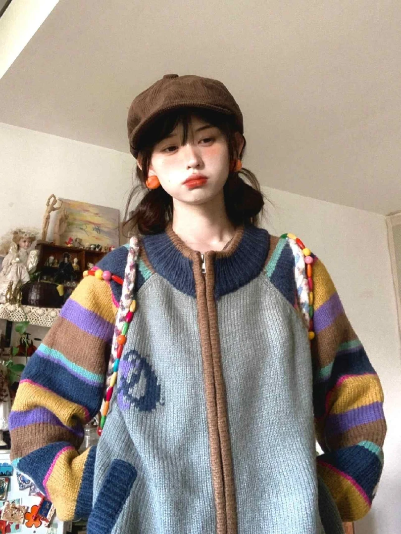 美式复古撞色条纹毛衣女慵懒秋冬新款针织开衫设计感拉链宽松外套