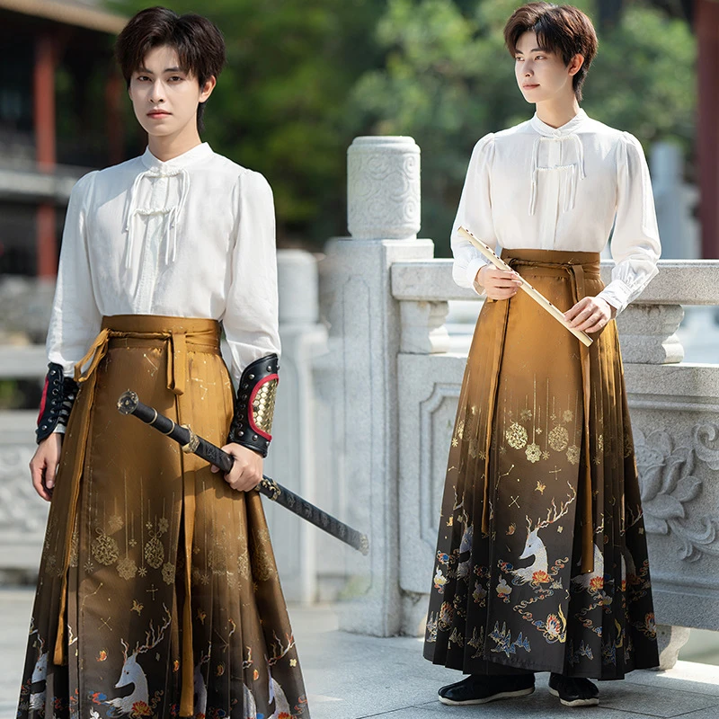原创新中式国风汉服男款织金马面裙古装古风武侠风女衬衫立领上衣