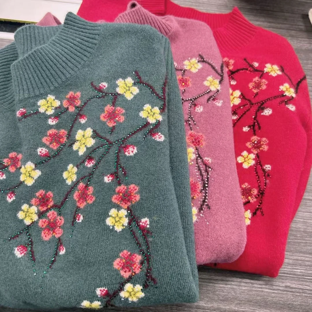 妈妈装！女士半高领梅花烫钻提花加厚毛衣