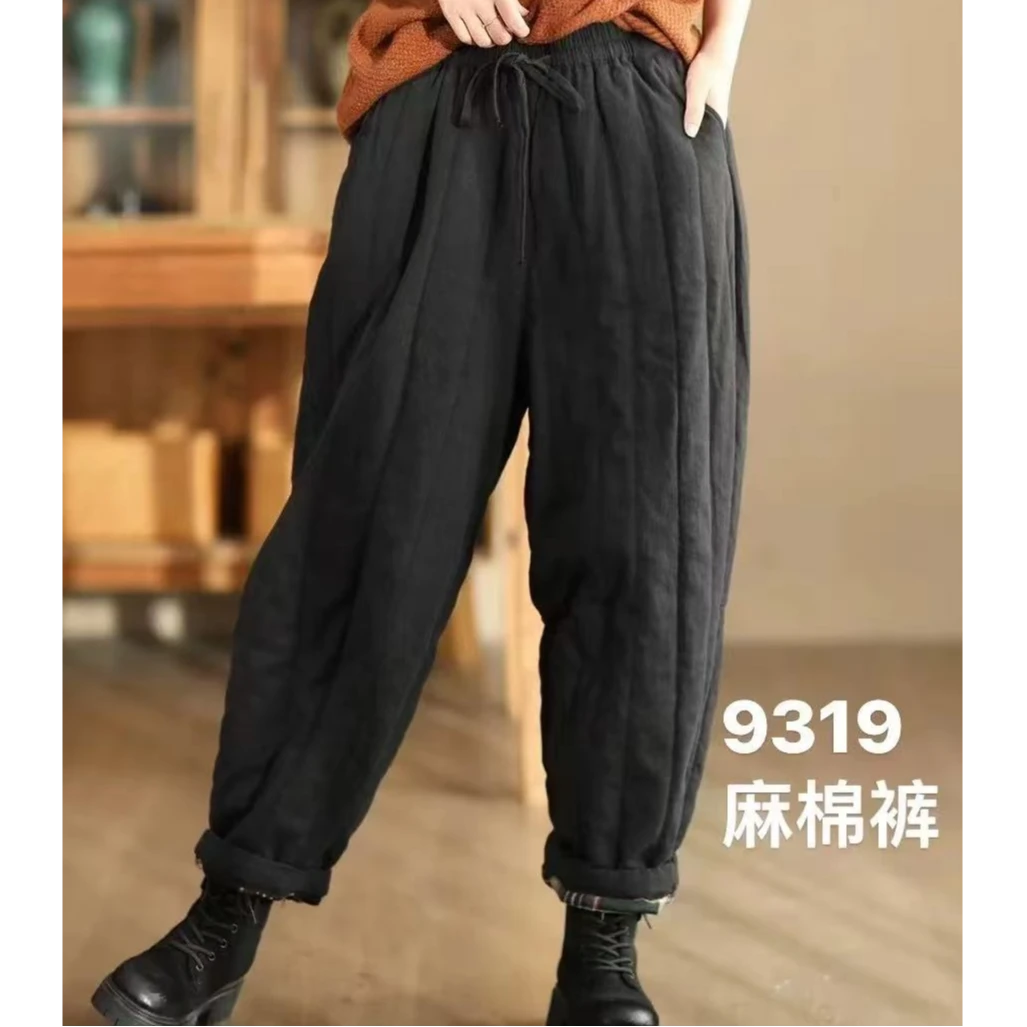 女士松紧腰夹棉菱格纯色麻棉裤