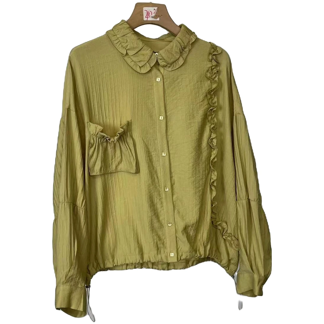 MF丨83A63071荷叶边衬衫女2023年新款薄款宽松时尚娃娃领长袖上衣