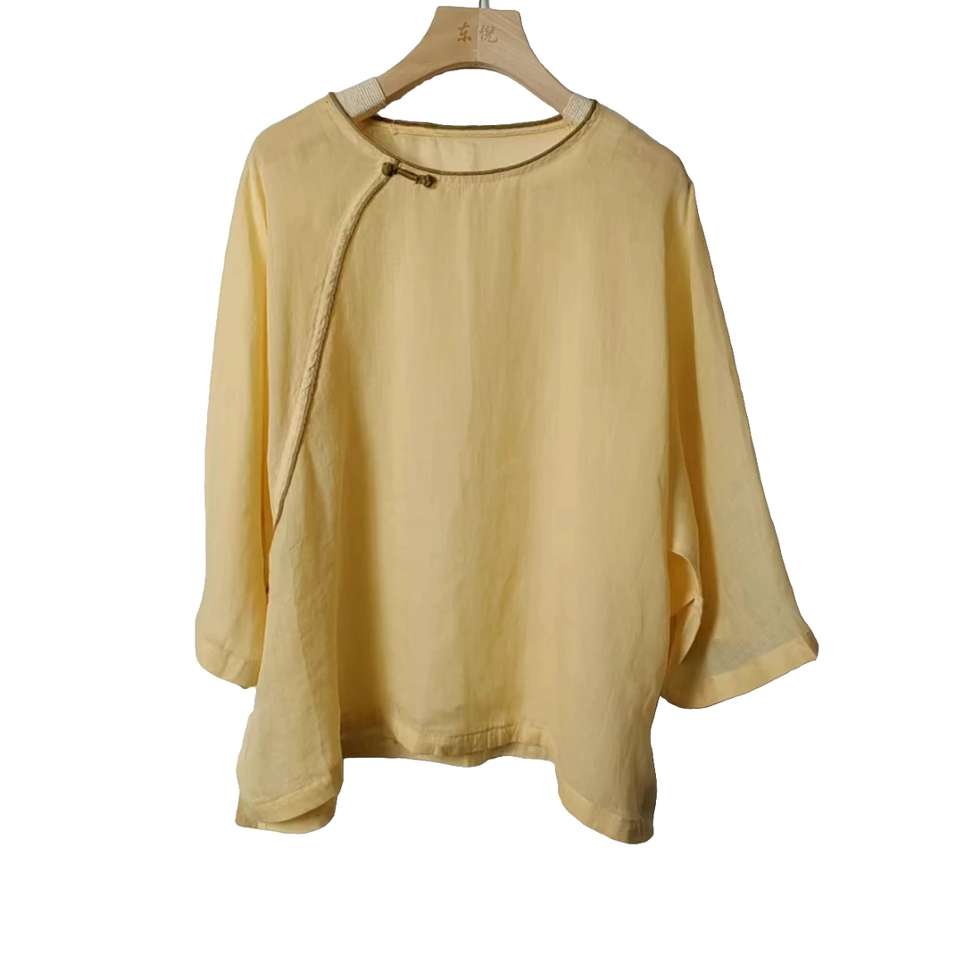 84B9066东倪夏季新款文艺新中式苎麻纯色圆领上衣