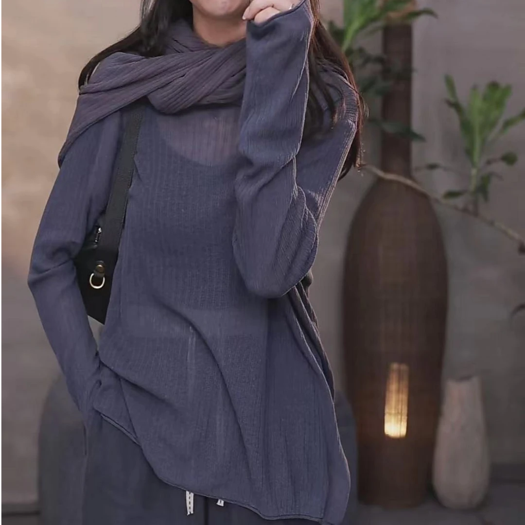 东倪原创竖坑条圆领大版宽松夏季天丝亚麻凉感毛针织衫 84B079