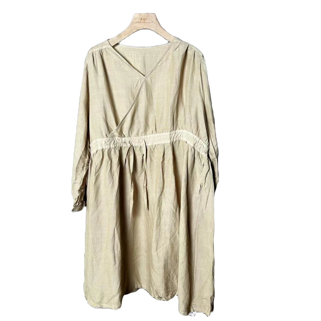 【东倪原创】83A3513夏季复古原色气质V领收腰纯色显瘦连衣裙百搭女