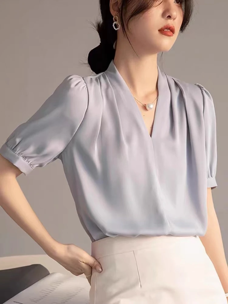 2804 法式短袖衬衫衬衣夏新款内搭v领上衣小衫女休闲