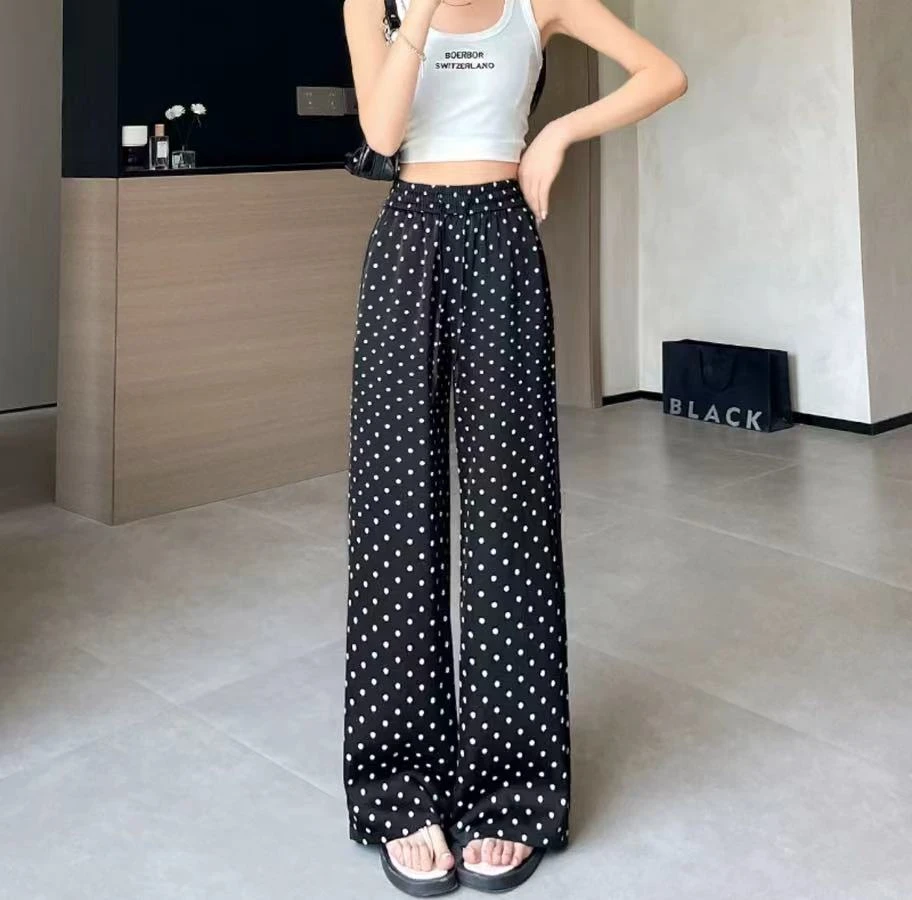 082 波点印花阔腿裤女2024新款夏款薄款高腰垂感休闲直筒裤子
