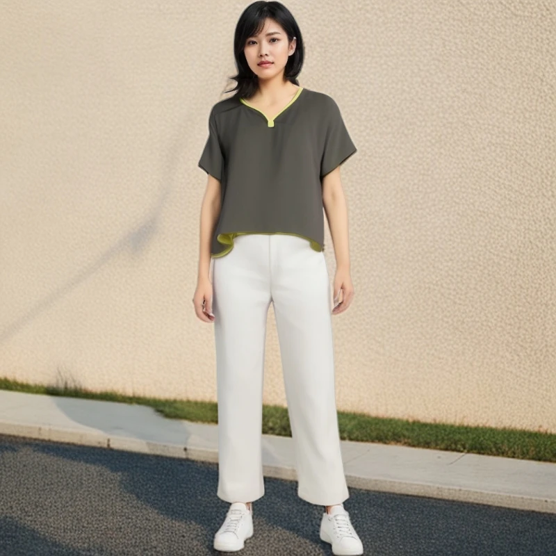 1094 V领短袖T恤女夏2024新款宽松打底衫显瘦遮肚休闲上衣潮