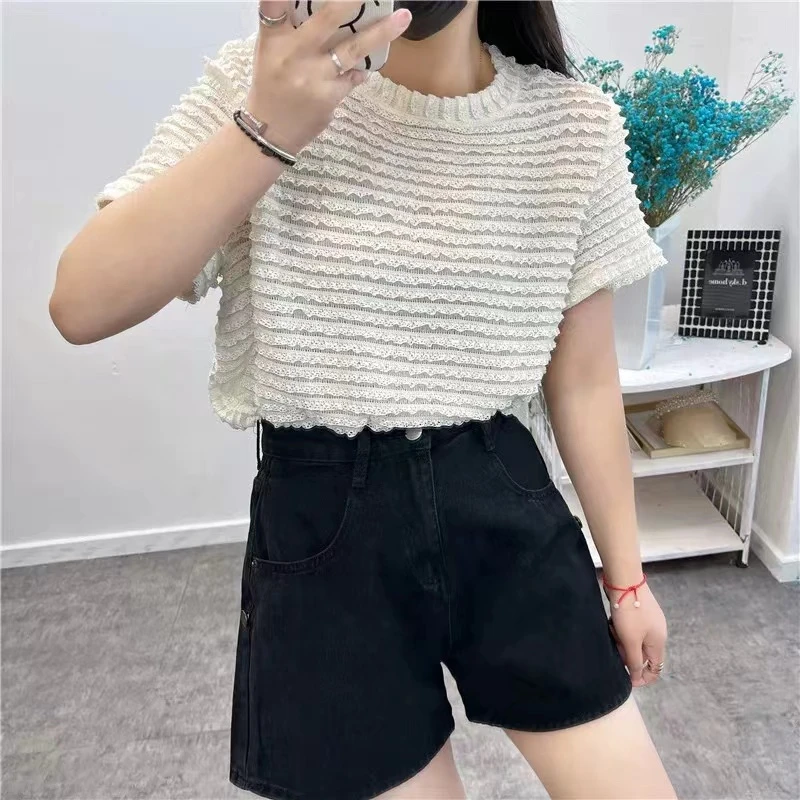 3999 欧洲站宽松层层木耳边褶皱短袖T恤女法式小众上衣洋气小衫