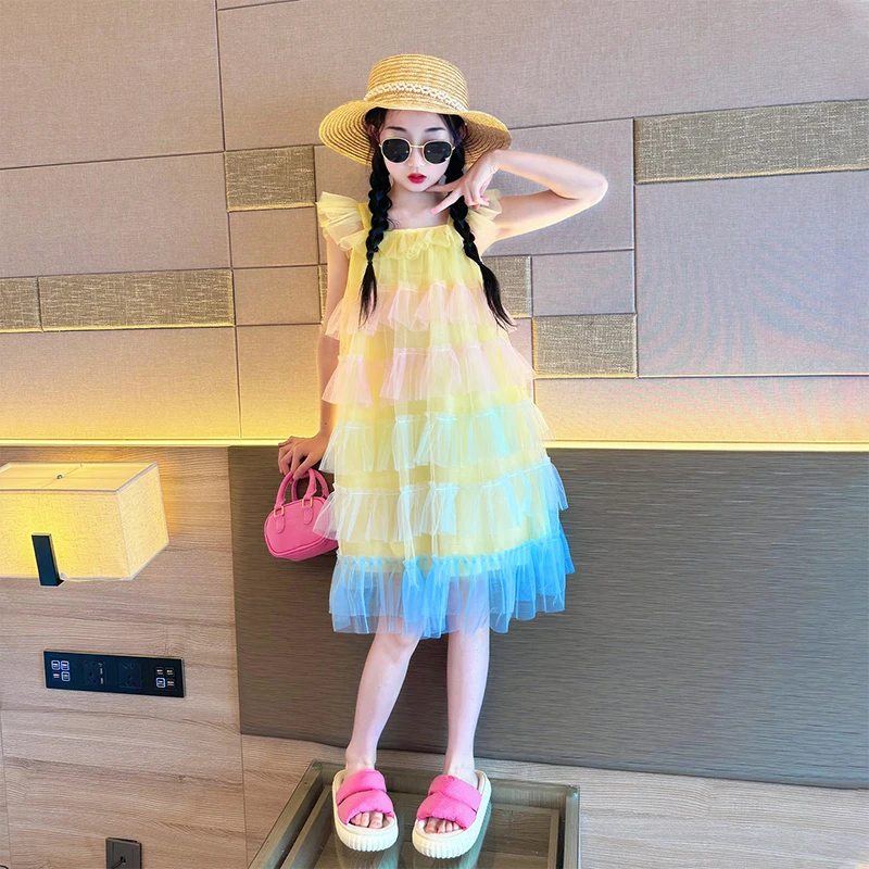 女童中大童2025夏季新款小女孩洋气彩虹蛋糕纱裙女宝宝公主背心裙