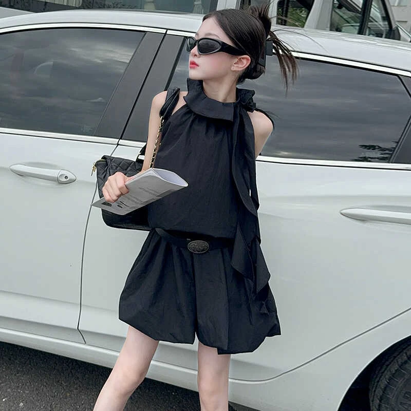 女童夏季法式立体花朵时髦连衣裙女夏季挂脖无袖背心A字短裙洋气