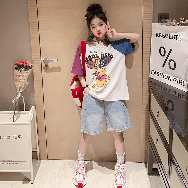 女童时尚夏季宽松卡通小熊T恤2024新款中大童洋气休闲五分短裤潮T