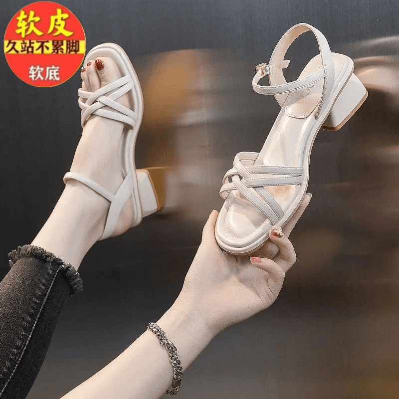 时装凉鞋仙女2024新款夏季粗跟一字扣带百搭中跟真皮网红外穿鞋