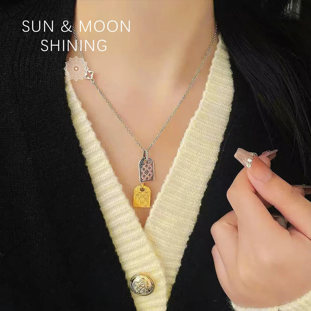 链子925银 金银撞色双牌女士锁骨项链轻奢时尚钟楚曦同款气质坠链