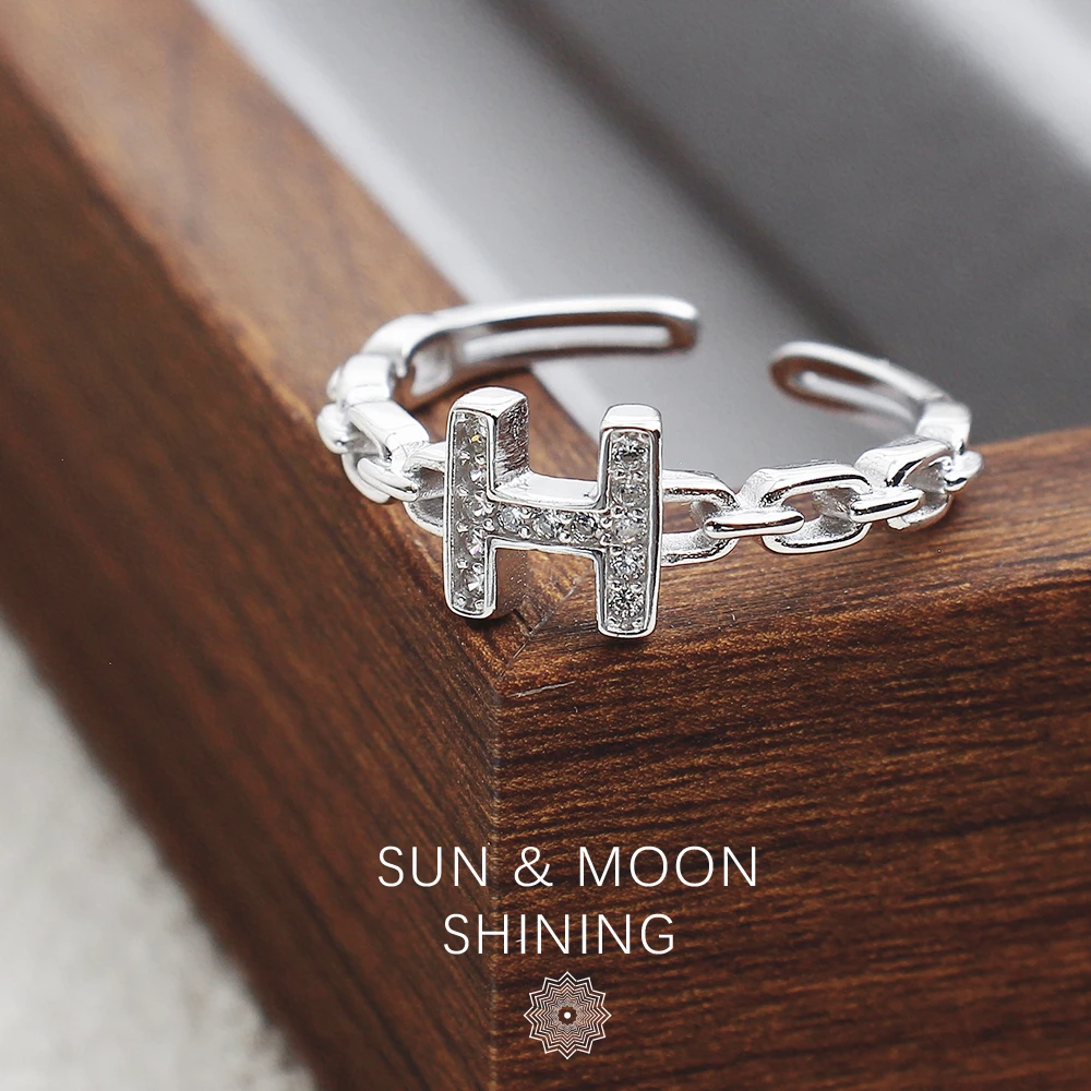 925银戒指 纯银H轻奢气质开口戒指微锆镶石钻食指指环银戒