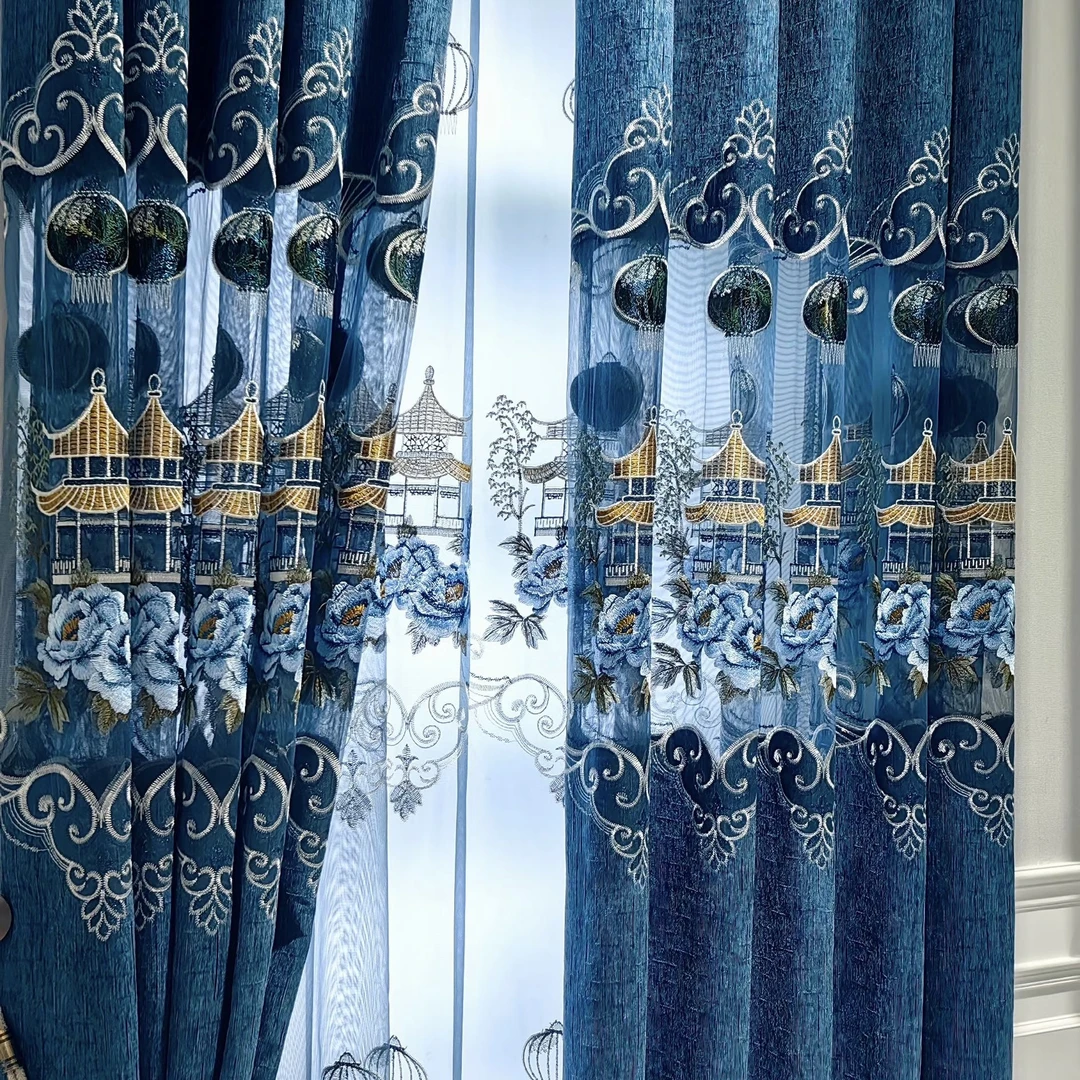 定制窗帘雪尼尔提花高端 牡丹亭中式大镂空 刺绣 适合客厅窗帘