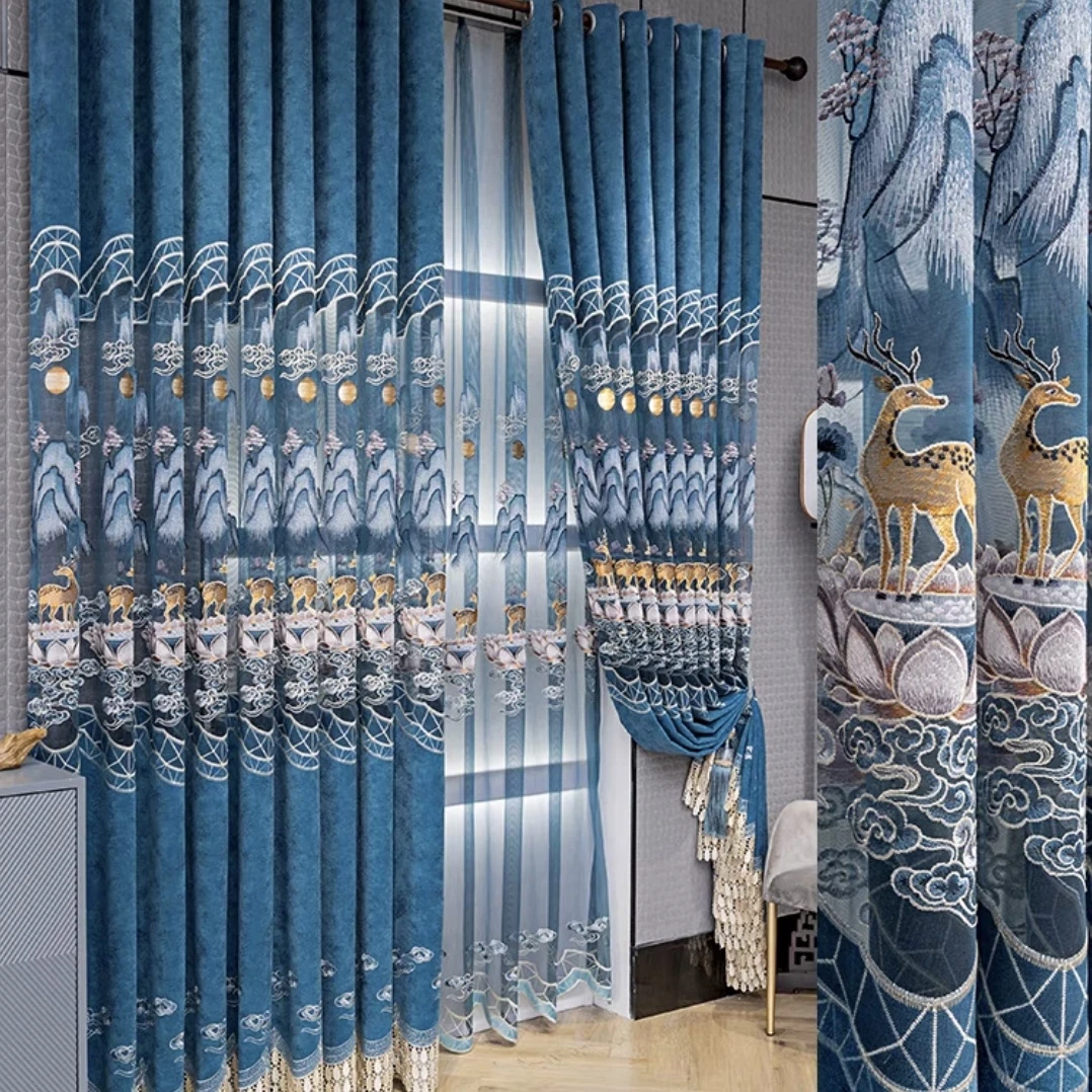 大镂空雪尼尔提花 新中式 一鹿有你 刺绣客厅加工窗帘窗纱成品