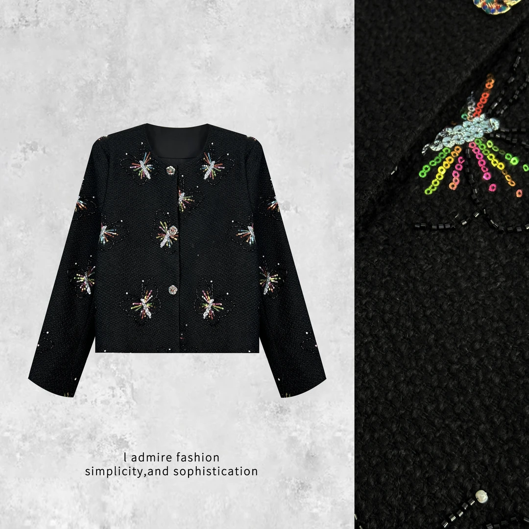 温温【梁祝】羊毛外套女蝴蝶亮片秋冬新中式复古古风上衣国潮403106