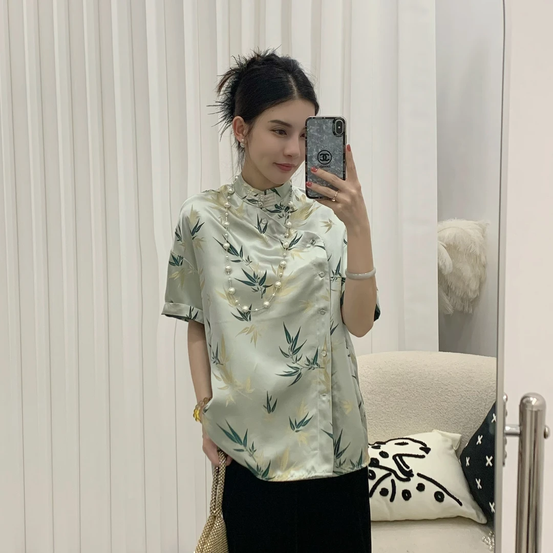 温温【咏竹】真丝织锦提花新中式斜襟立领衬衫短袖气质 378629