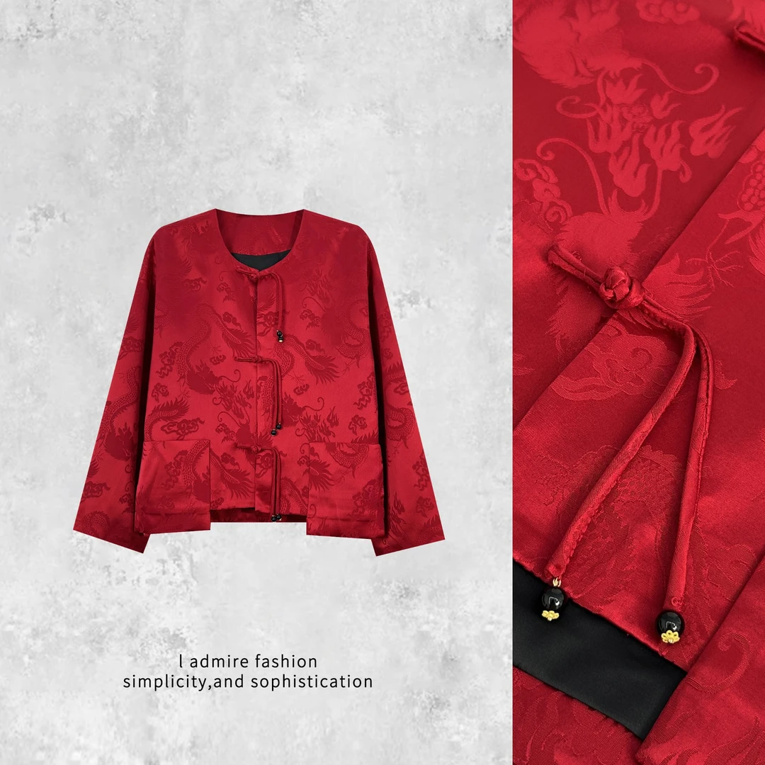 温温【红罗】醋酸提花盘扣外套女圣诞新年落肩袖红色复古上衣09282