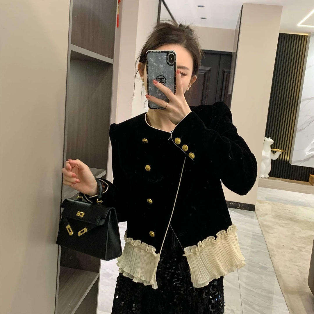 温温【绮境森林】进口丝绒优雅小众设计外套拼接气质上衣 C-71710