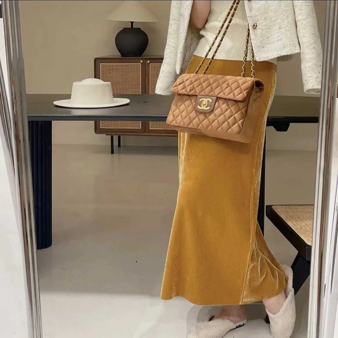 温温【里昂秋日】春秋冬丝绒半身裙网红中长小众裙子C-6997