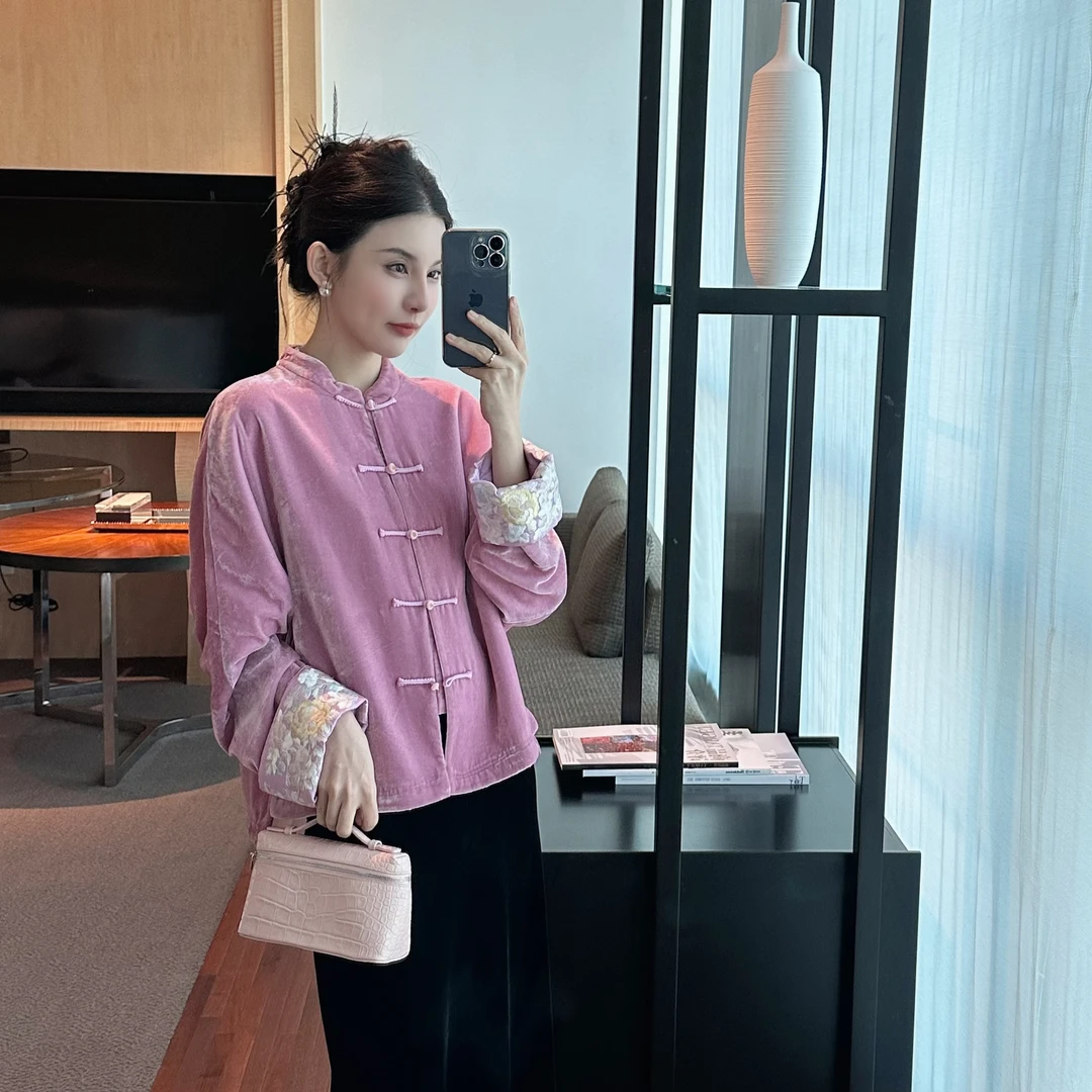 温温【晚桃】L丝绒外套女秋季新中式复古雅致国风气质上衣10011