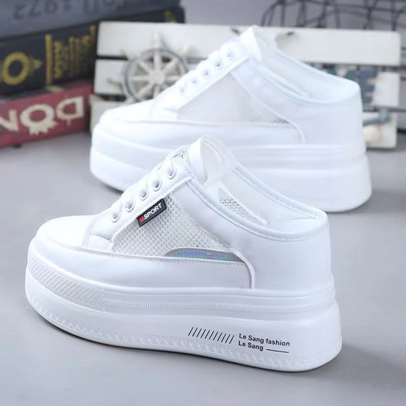 内增高10厘米超高跟小白鞋小个子增高显瘦百搭网面透气包头半托潮