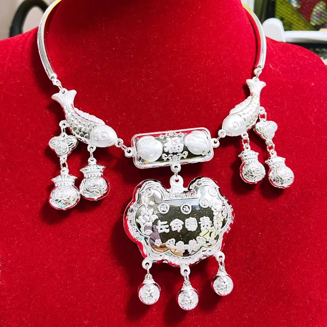 坠链均足银 长命锁项圈足银999锁男女宝宝婴儿线圈满月周岁送礼