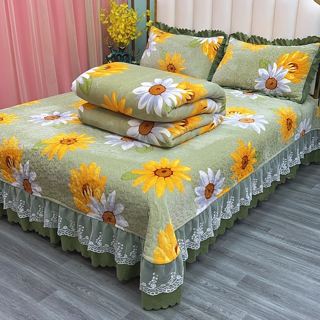 向日葵【床盖四件套】夹棉加厚防滑床盖三件套牛奶绒四件套加绒床裙