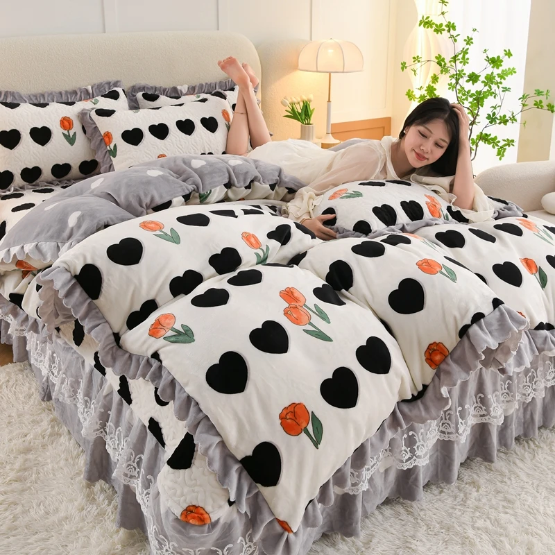 新款床盖四件套夹棉加厚防滑床盖牛奶绒四件套加绒床裙款双面绒
