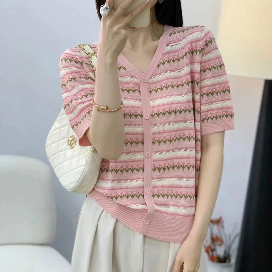 粉色套头碎花夏季显瘦气质针织镂空时尚短袖小衫撞色