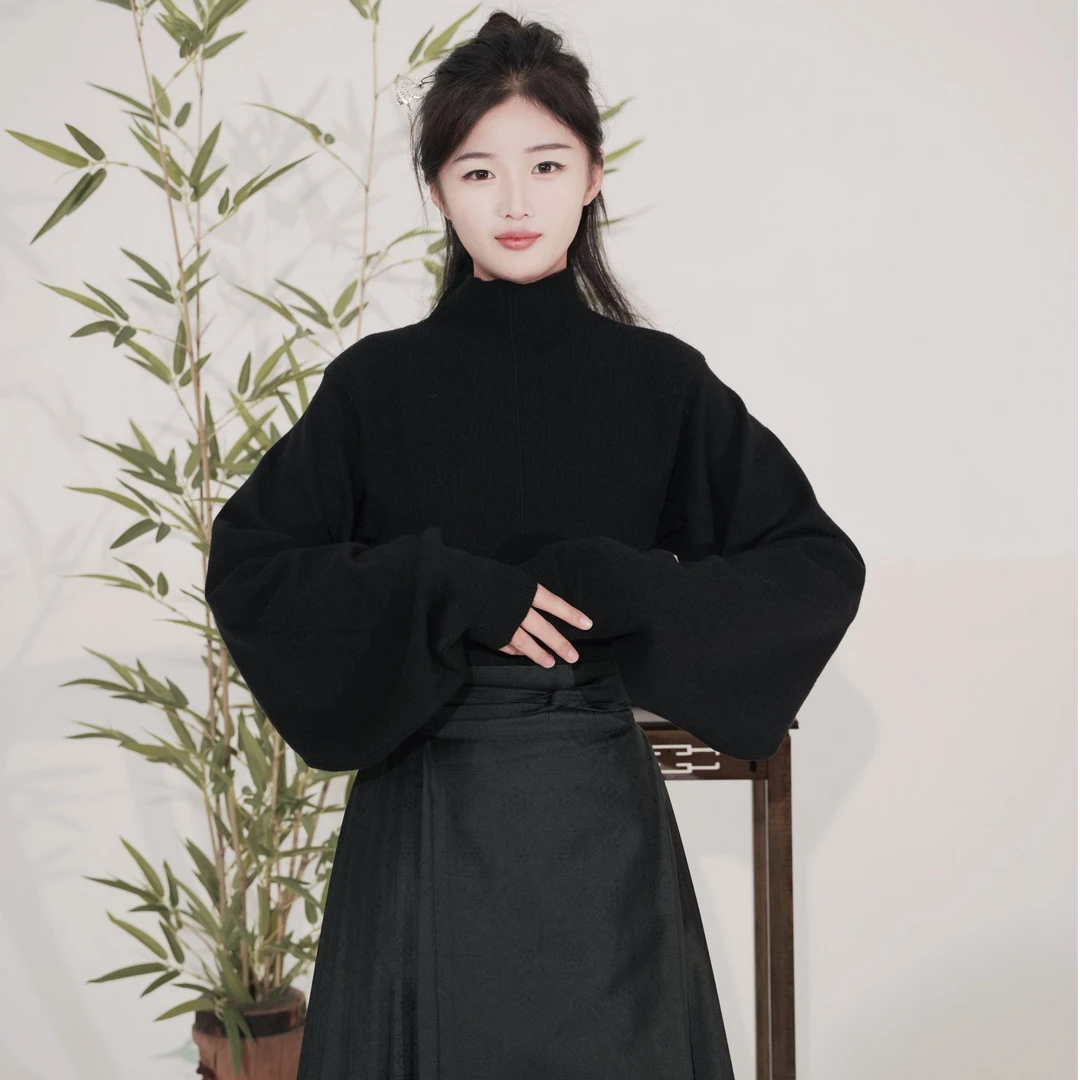 洛如嫣【针织毛衣】冬季上新国风新中式立领灯笼袖毛衣打底衫