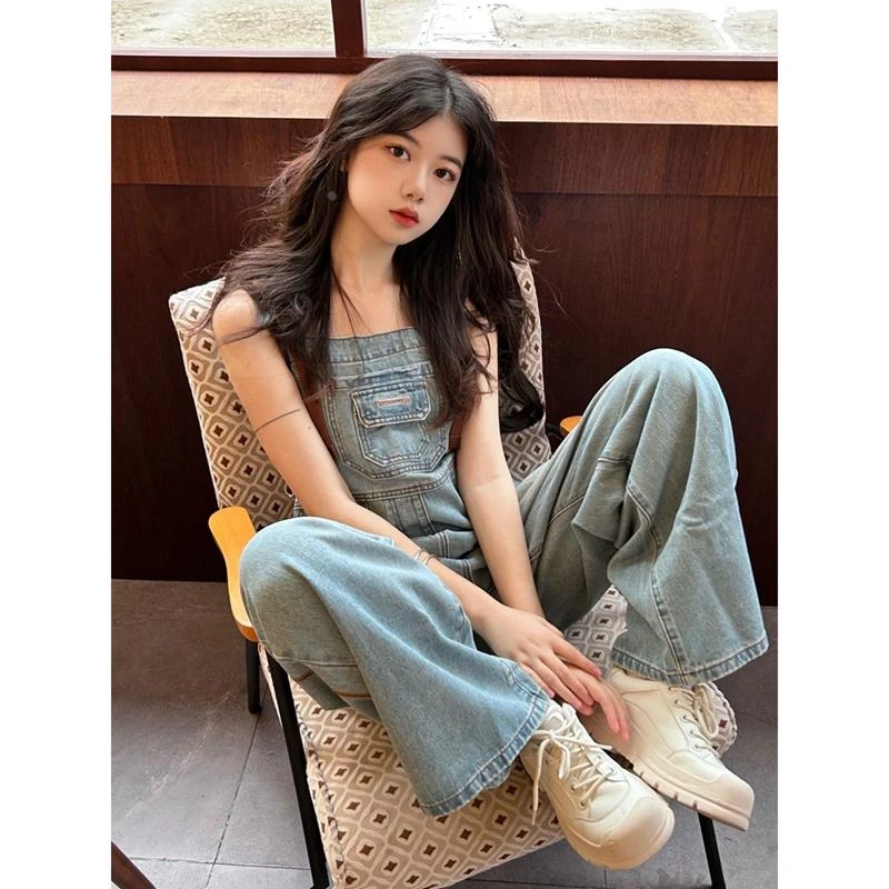 牛仔背带裤女2024夏季新款高腰修身显瘦美式复古直筒宽松阔腿裤子