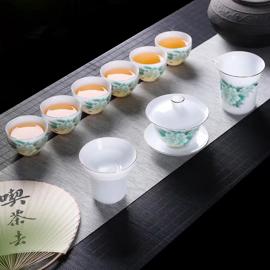 卓福10头冰种玉瓷绿色春色满园家用陶瓷精美茶具中式高档礼盒装