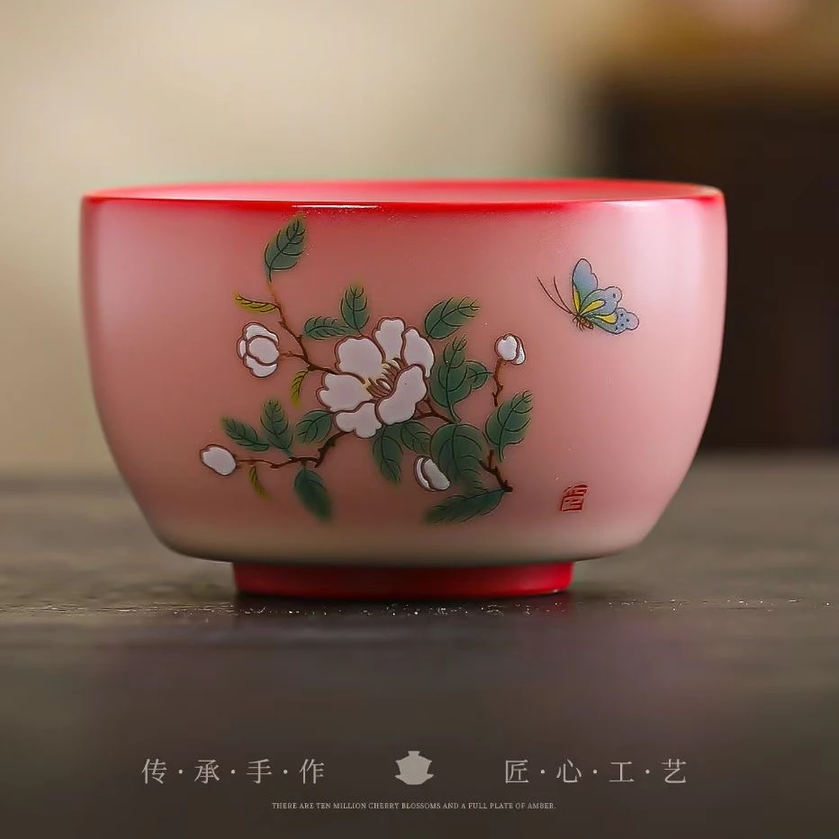 卓福红粉佳人山茶花主人杯中式家用陶瓷精美茶具
