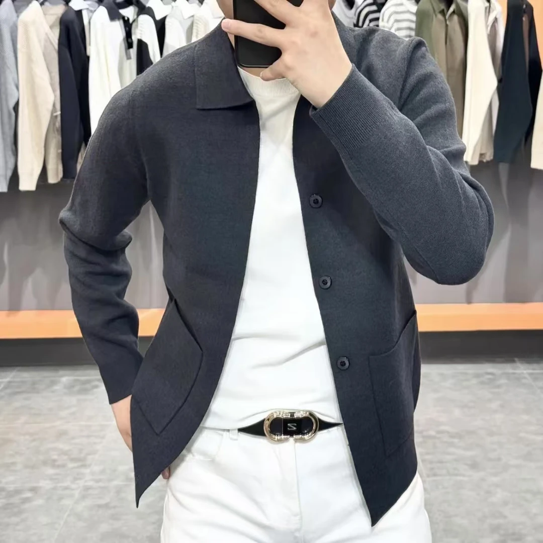 2024男士新品纯色秋季翻领简约轻奢休闲修身百搭针织外套个性舒适