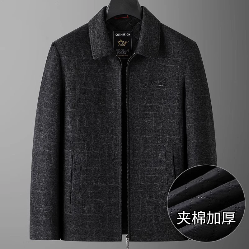 秋冬男士加肥加大码中老年翻领夹克外套中年爸爸毛呢加厚夹棉外套