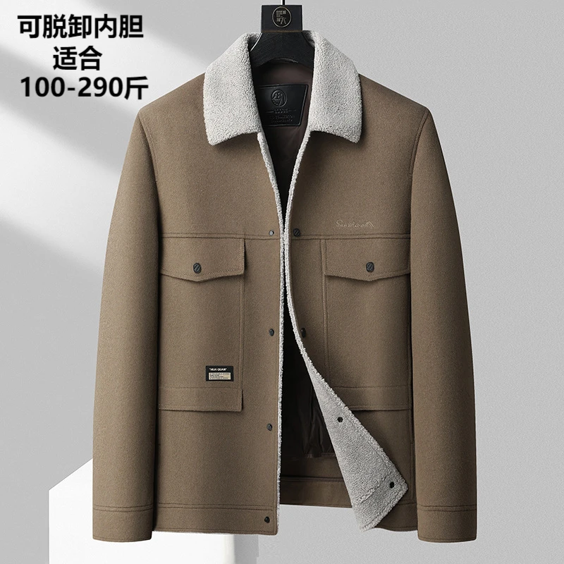 高端大码男士短款双面羊毛呢大衣冬季商务翻领加厚可脱卸内里外套