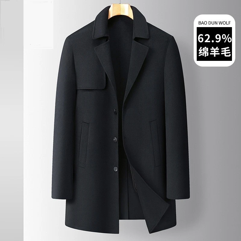 大码男士中长款双面羊绒毛呢大衣加肥宽松商务大翻领男士西服外套