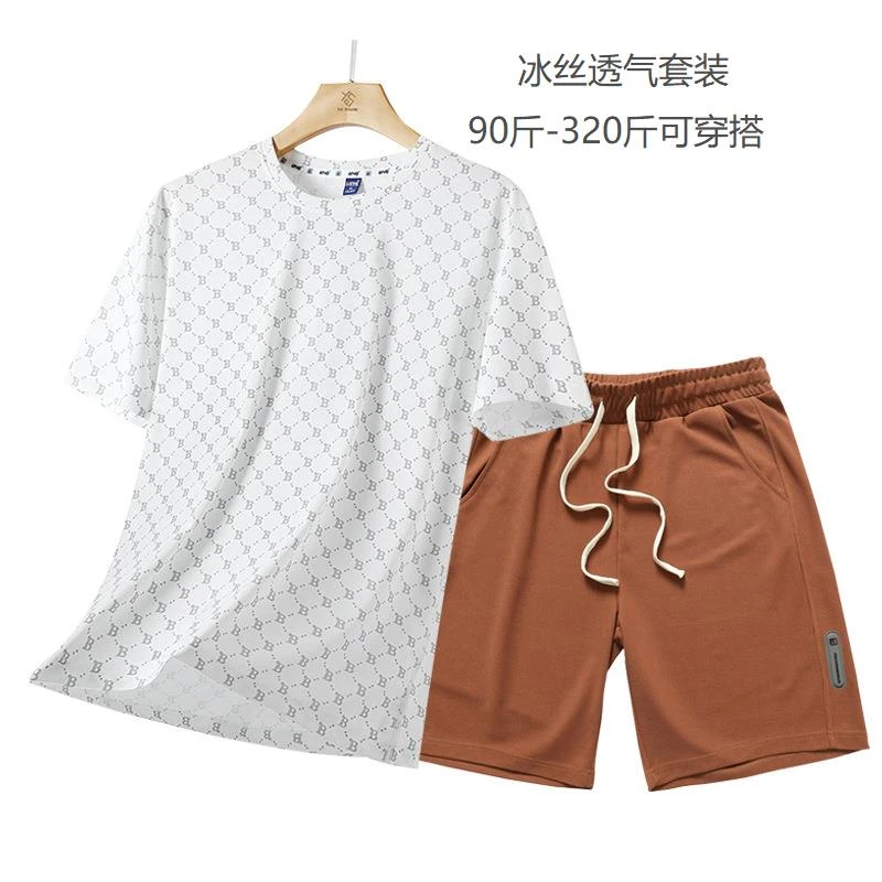 冰丝速干男士T恤夏季薄潮宽松短袖短裤加肥加大一套跑步运动套装