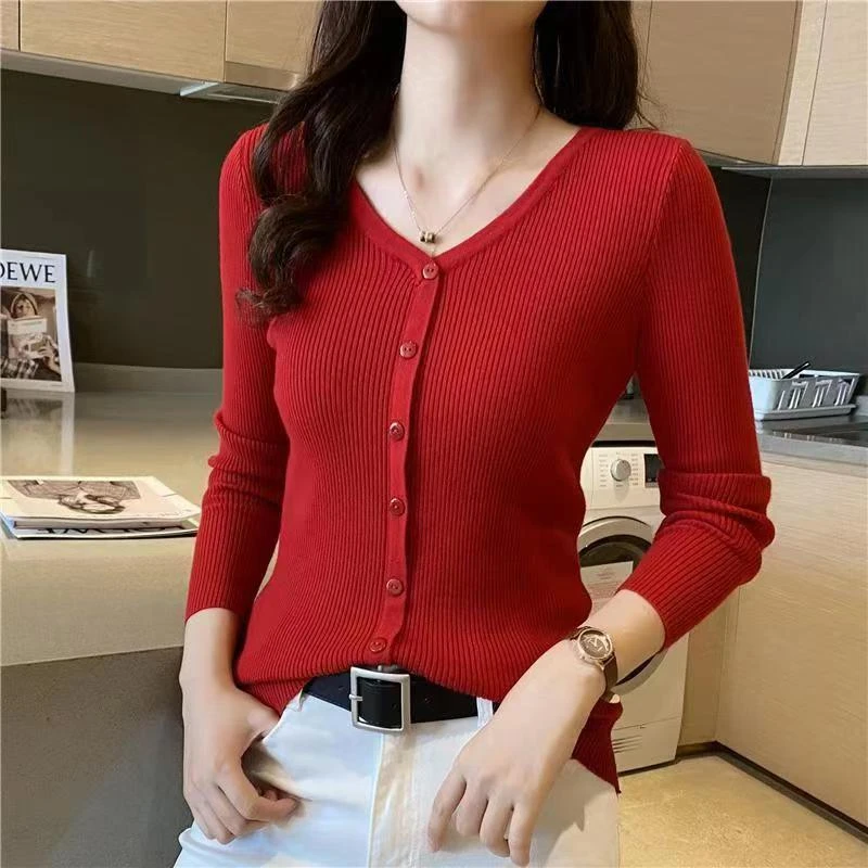 新款纯色显瘦洋气时尚百搭修身V领莫代尔长袖T恤