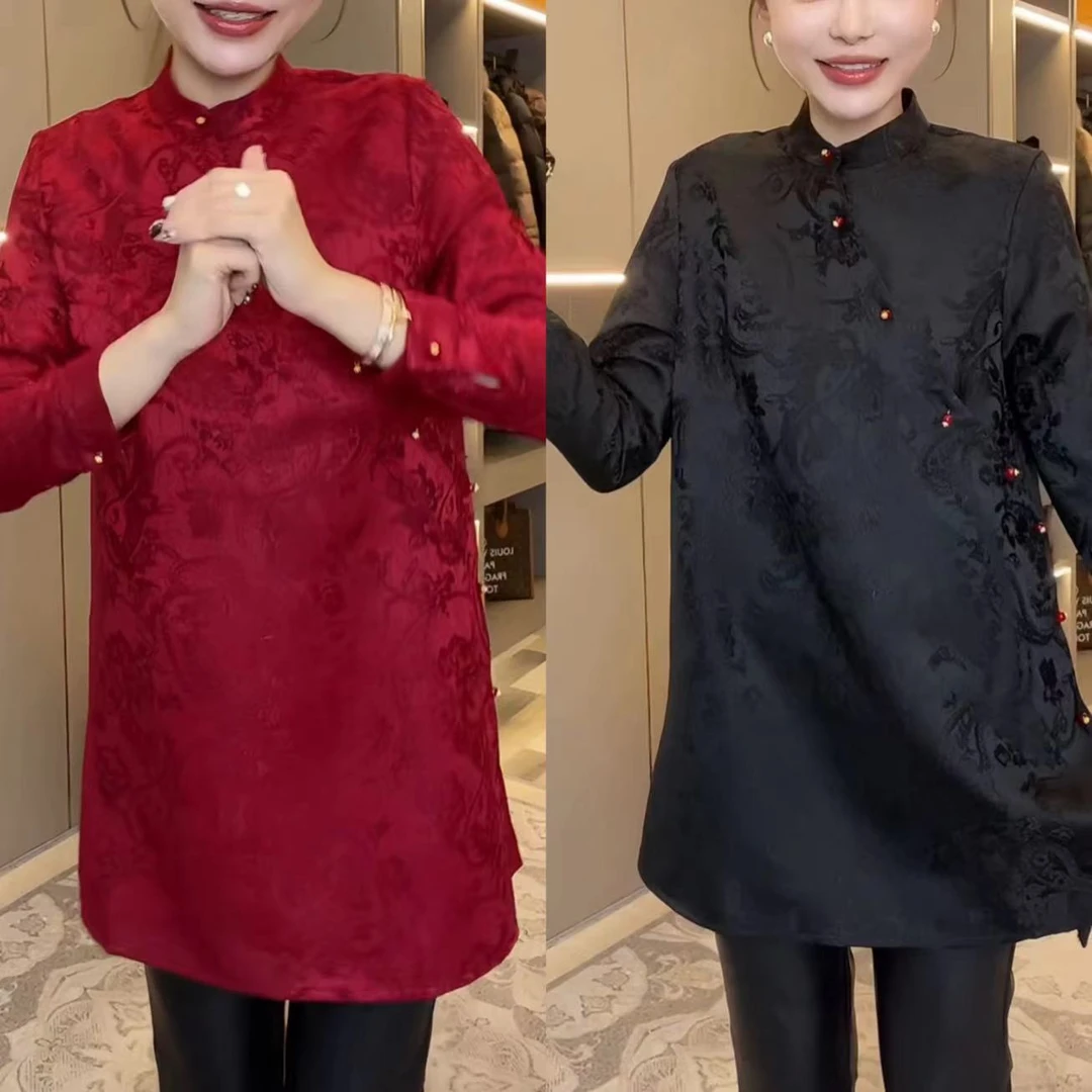 网红复古中长款中国风立领提花大衫