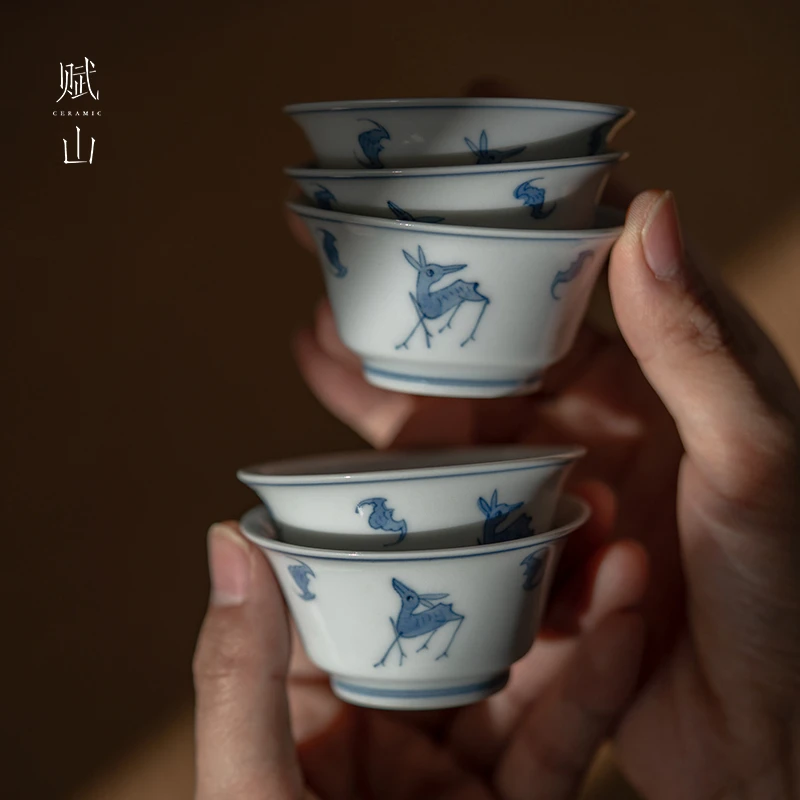 【赋山堂官方】青花蝠鹿五客杯手绘青花单杯客人品茗杯小茶杯套装