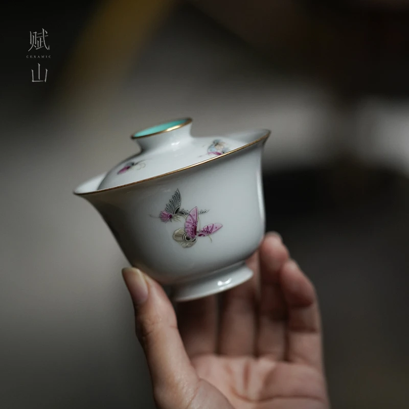 【赋山堂官方】点青蝶纹盖碗新中式手绘泡茶碗景德镇手工茶具防烫