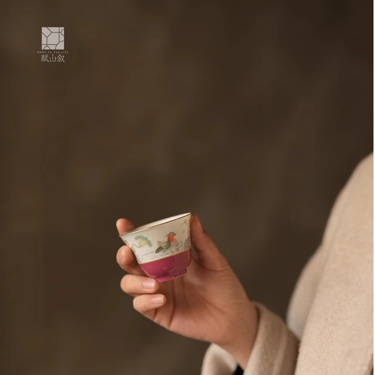 赋山叙官方丨胭脂红鸳鸯杯景德镇手绘主人杯单杯功夫品茗铃铛茶杯