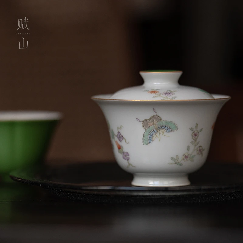 【赋山堂官方】古彩丛蝶盖碗中式陶瓷泡茶碗手绘防烫茶具高端单个