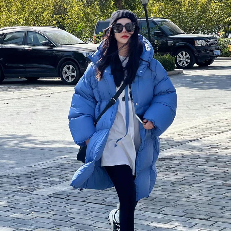 中长款羽绒服女冬季新款超好看超轻盈连帽保暖加厚气质蓝色面包服